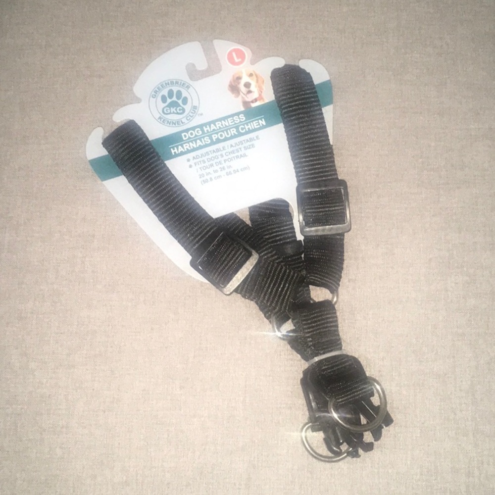 Dog Harness size Large adjustable fits dog’s chest size 20” to 26” says